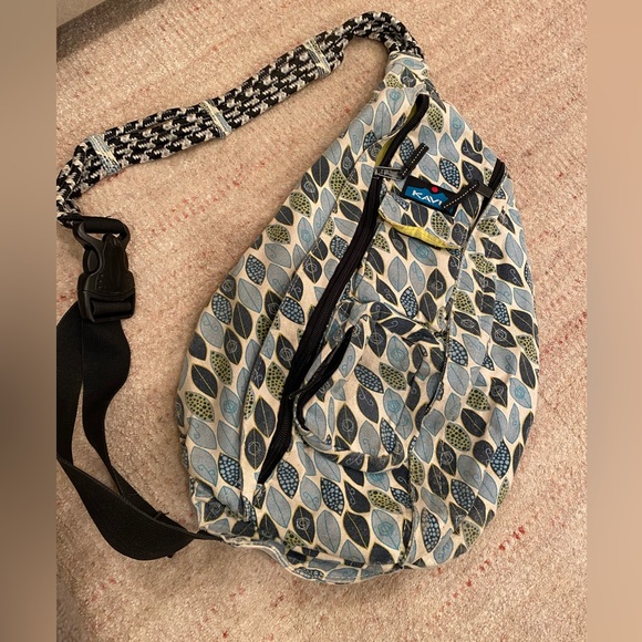 Kavu Handbags - Navy Sling Bag with Blue Leaf Pattern